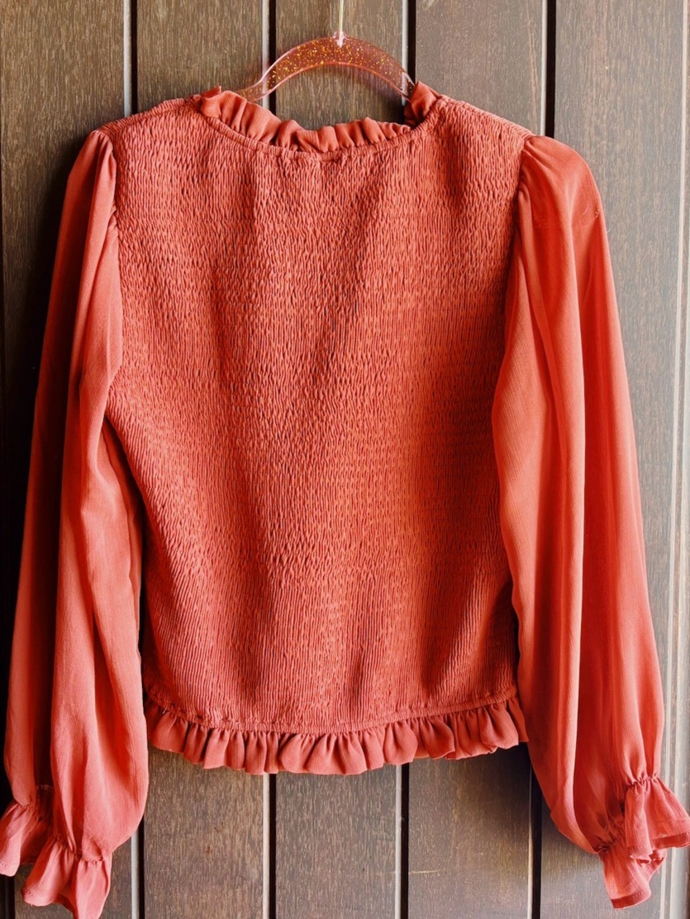 Women’s Ruffled Smocked Long-Sleeve Top - Rust - Picture 2 of 3